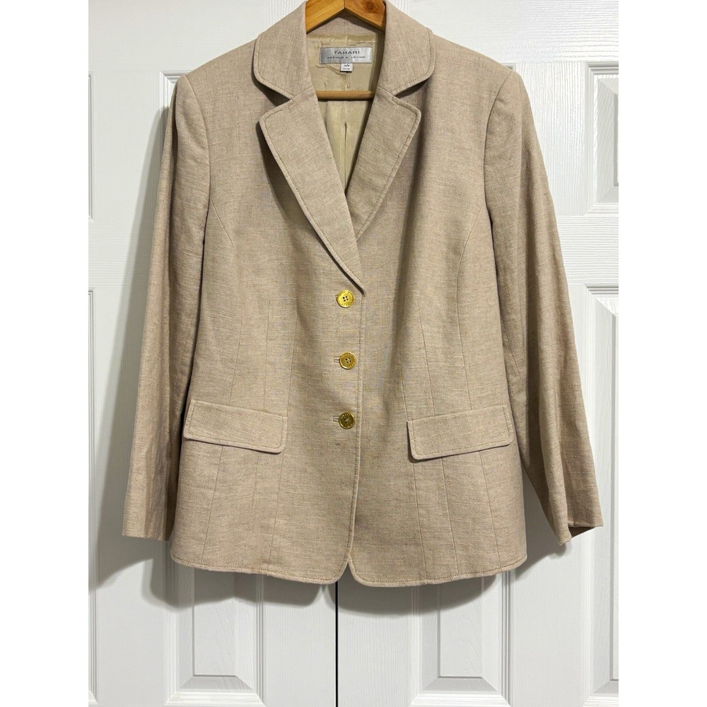Tahari Arthur S. Levine Linen Blend Women's Beige Solid Lined Button Blazer 16W